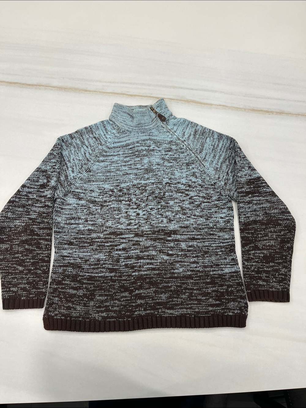 JEANNE PIERRE Ombre Cowl Turtleneck Sweater in Light Blue and Dark Brown